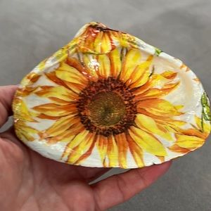 Hand Crafted Decoupage Sunflower Sea Shell Ring Trinket Dish